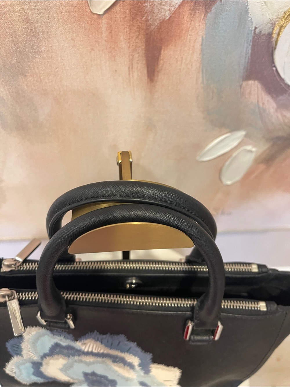 Tory Burch Black Leather Satchel with Blue and Cream Floral Appliqué - Picture 5 of 7